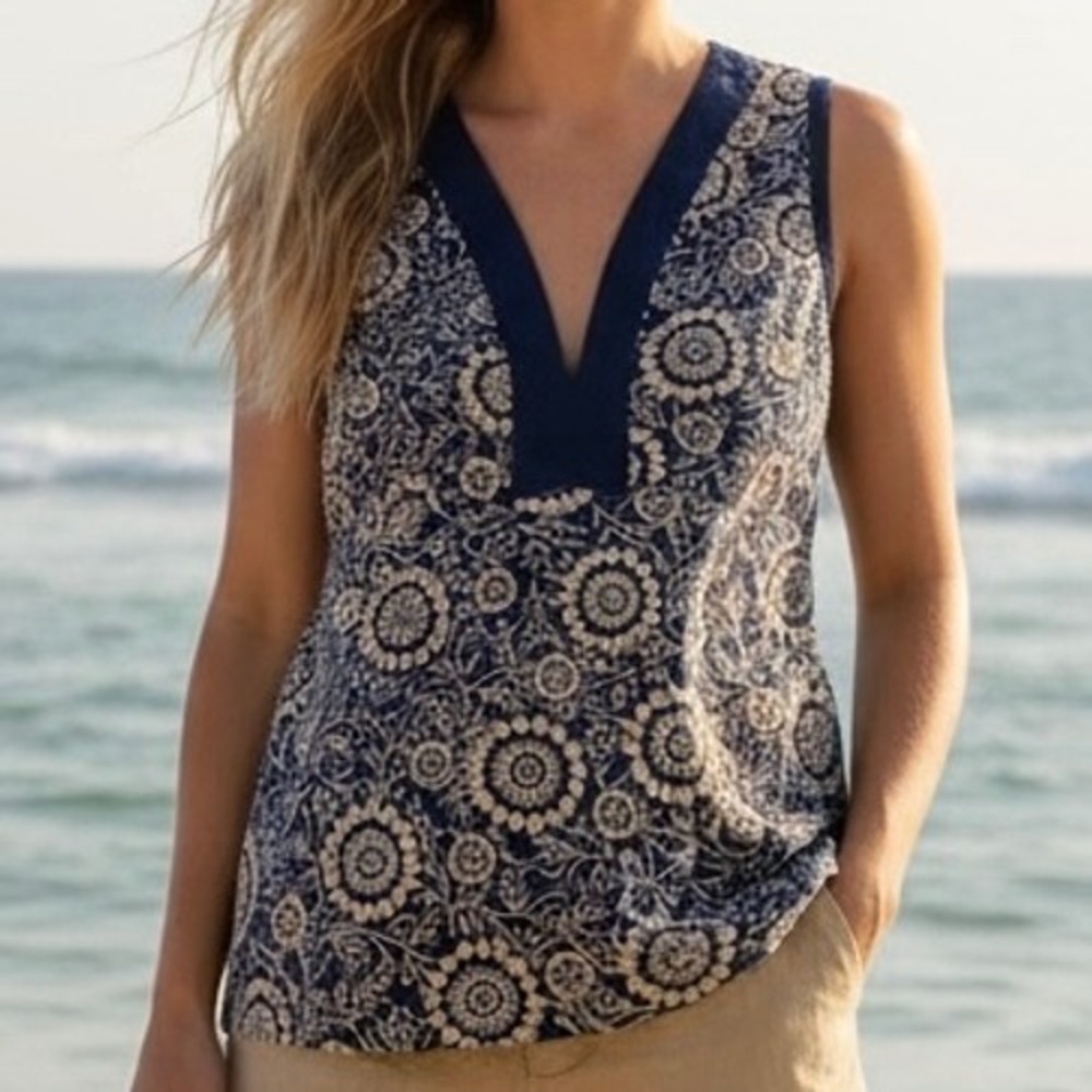 Patagonia Womens Blue Floral Hemp Cotton Tunic Top Size 8 Coastal‎ Natural Boho